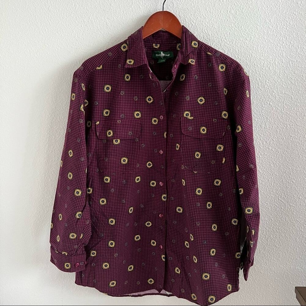 Hunt Club Gingham Maroon Navy Jewel Design Classic Button Front Shirt Medium